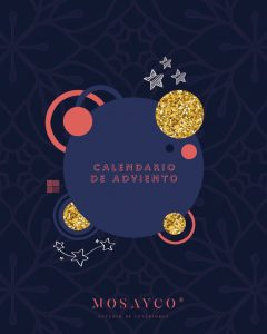 ilustración simulando bolas de navidad en tonos azules y salmón con "calendario de adviento" escrito en el centro