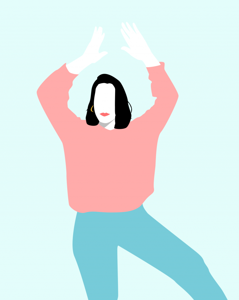 Ilustración minimalista de elena con los brazos en alto en pose de baile